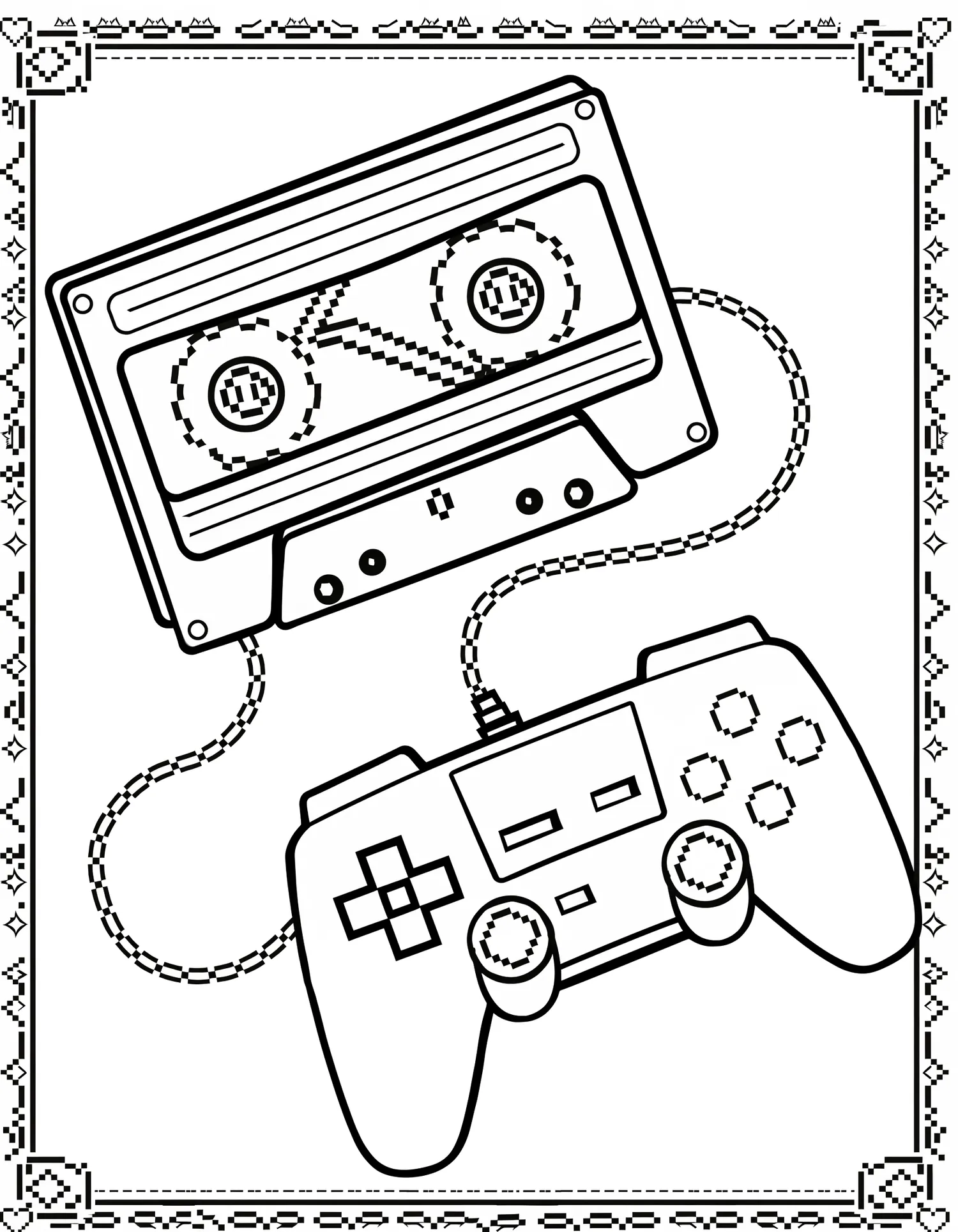 Cassette et Manette Rétro, Coloriage géométrique à imprimer gratuitement